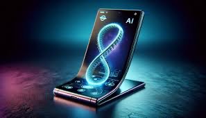 Rollable smartphone screen expanding with futuristic interface