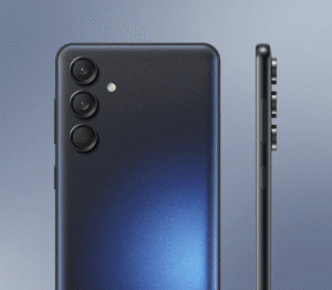 Samsung Galaxy M55 5G front and back view showing AMOLED display and camera setup