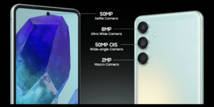 Samsung Galaxy M55 5G in hand showing slim profile
