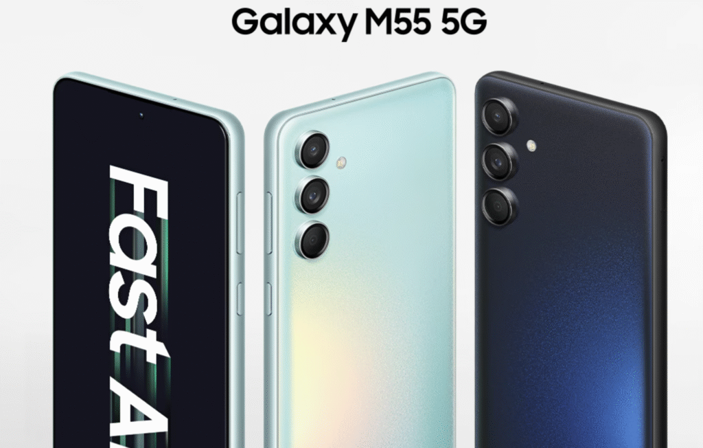 Samsung Galaxy M55 5G showcasing sleek design, AMOLED display, and triple rear camera setup