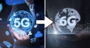 5G to 6G transition concept showing telecom towers and futuristic network graphics