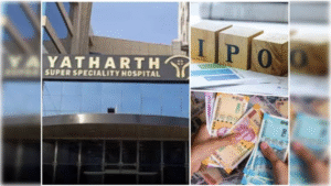 Yatharth Hospital building with stock market chart overlay