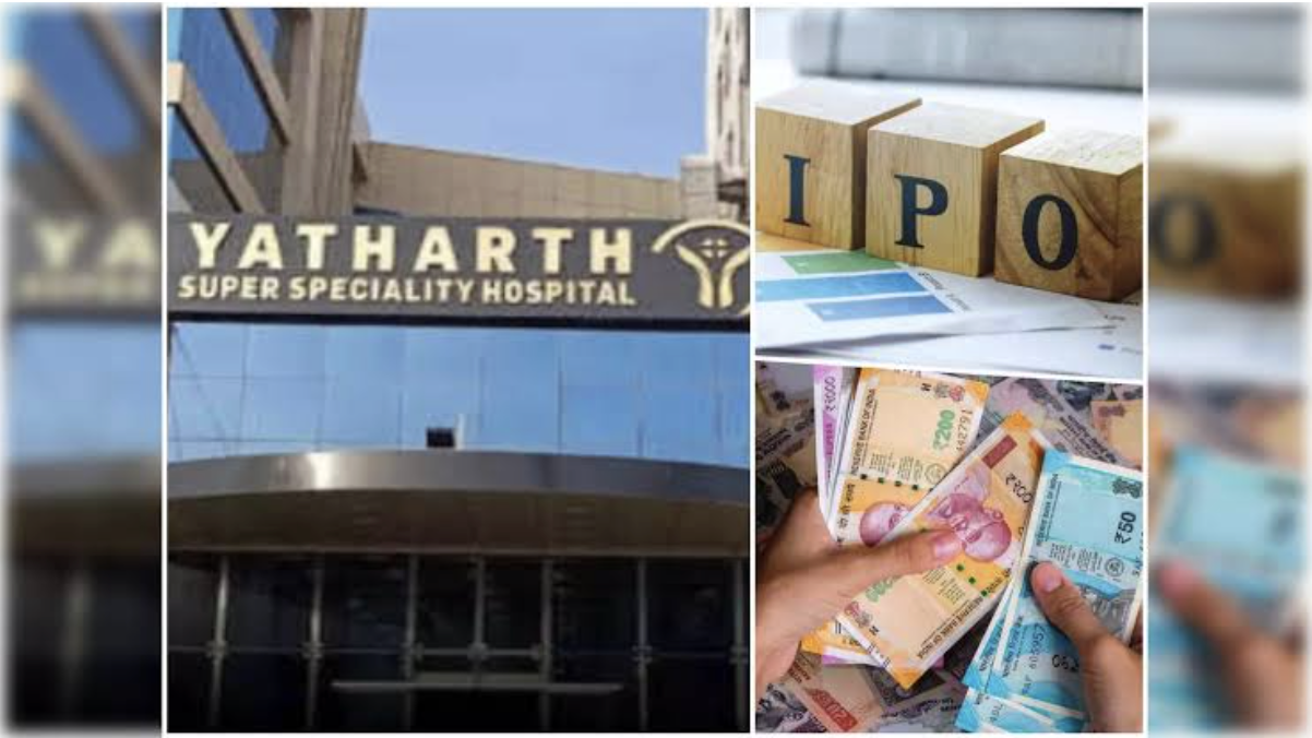 Yatharth Hospital building with stock market chart overlay