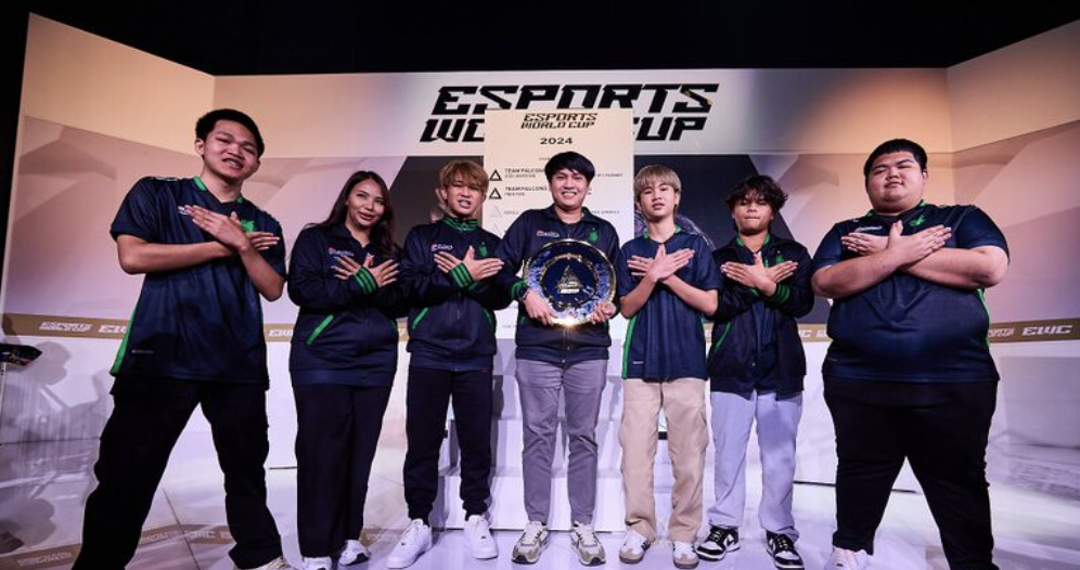 Team Falcons celebrating victory at Esports World Cup 2025 stage